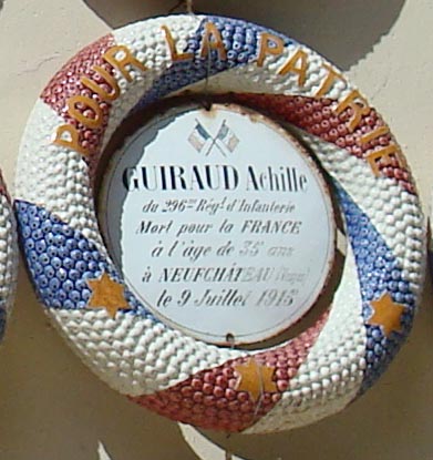 GUIRAUD Achille
296 �me RI
mort � 35 ans � NEUFCHATEAU
le 9 Juillet 1915