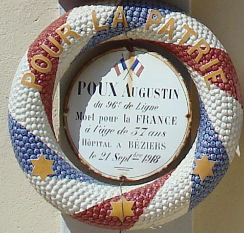 POUX Augustin
96 �me de ligne
mort � 37 ans � l'Hopital de BEZIERS
le 21 Septembre 1918