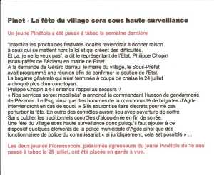 PINET 
suite des bagarres du
24 JUILLET 2010
----
extrait du Midi Libre